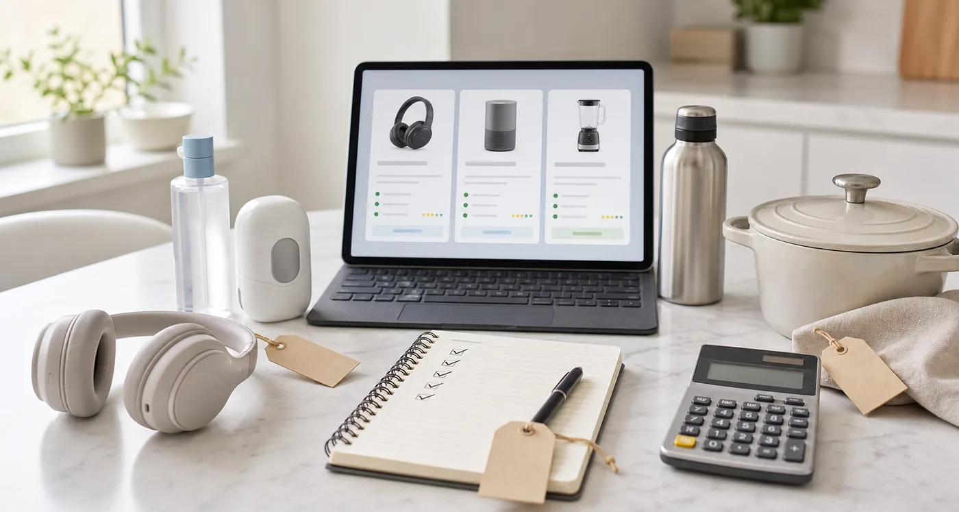 A structured product research workspace with a calculator and buying notes.